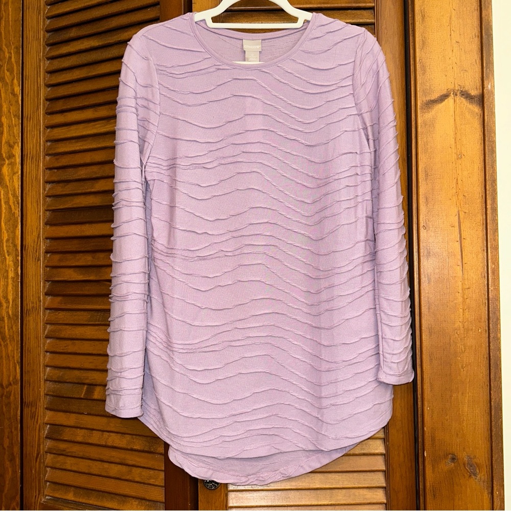 NWT Chicos lilac fog textured knit tunic top, long sleeve, rounded hem, 0 (S)